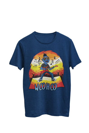 WooHooBerry embracing the role of a rockstar, passionately playing the guitar during a concert. The navy T-shirt prominently showcases a large 'WooHoo,' seamlessly integrating with the high-energy and dynamic stage presence.